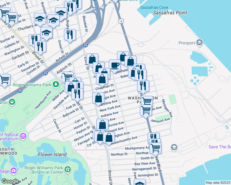 map of restaurants, bars, coffee shops, grocery stores, and more near 70 Virginia Avenue in Providence