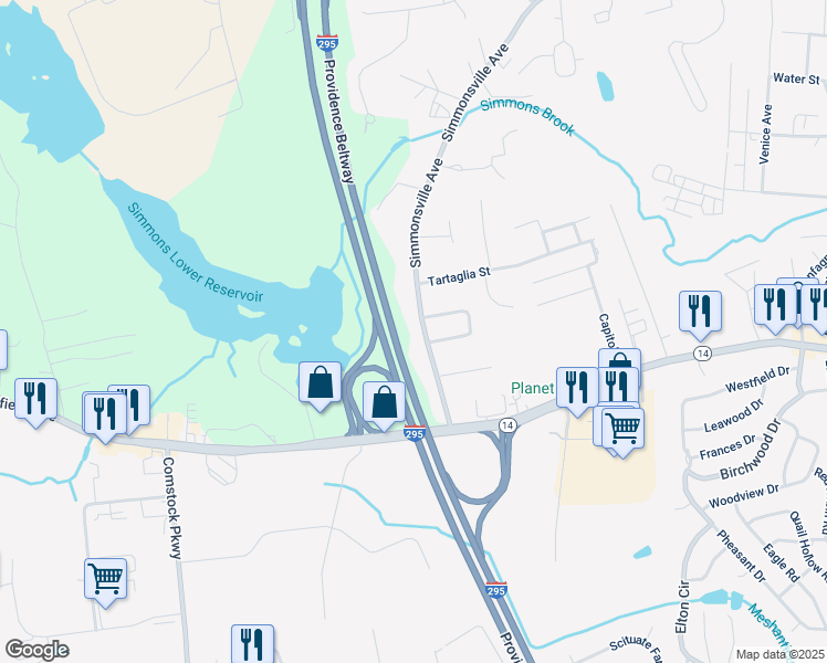 map of restaurants, bars, coffee shops, grocery stores, and more near 32 Simmonsville Avenue in Johnston