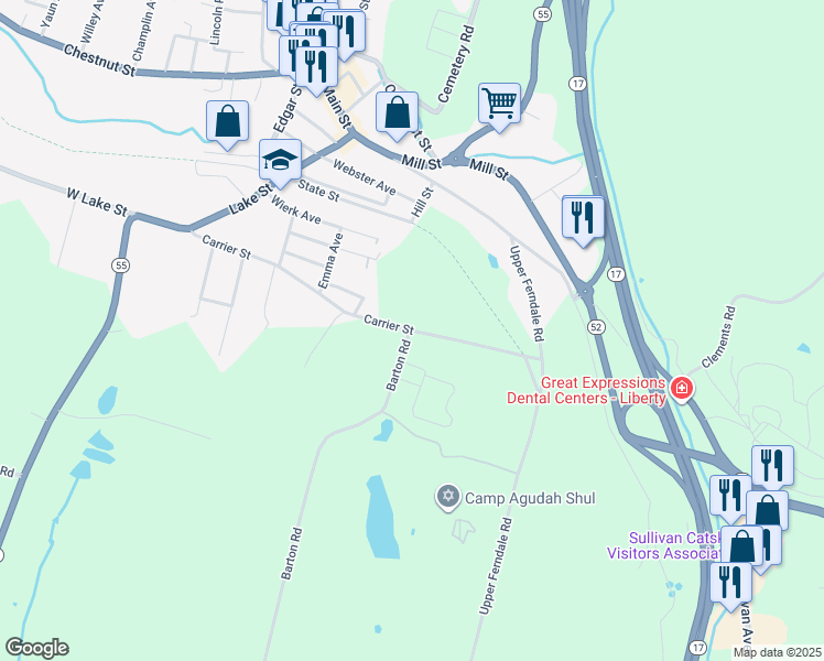 map of restaurants, bars, coffee shops, grocery stores, and more near 128 Carrier Street in Liberty