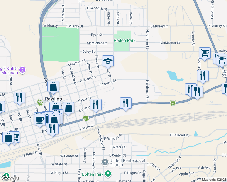 map of restaurants, bars, coffee shops, grocery stores, and more near 502 East Spruce Street in Rawlins