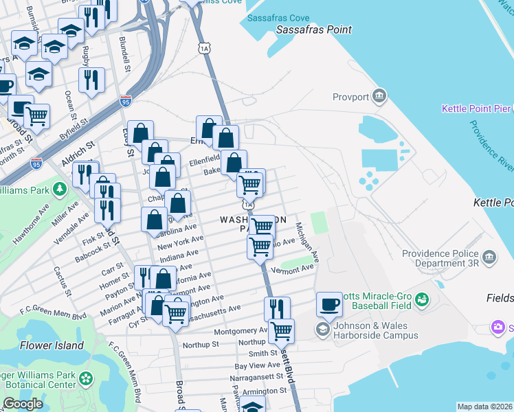 map of restaurants, bars, coffee shops, grocery stores, and more near 845 Allens Avenue in Providence