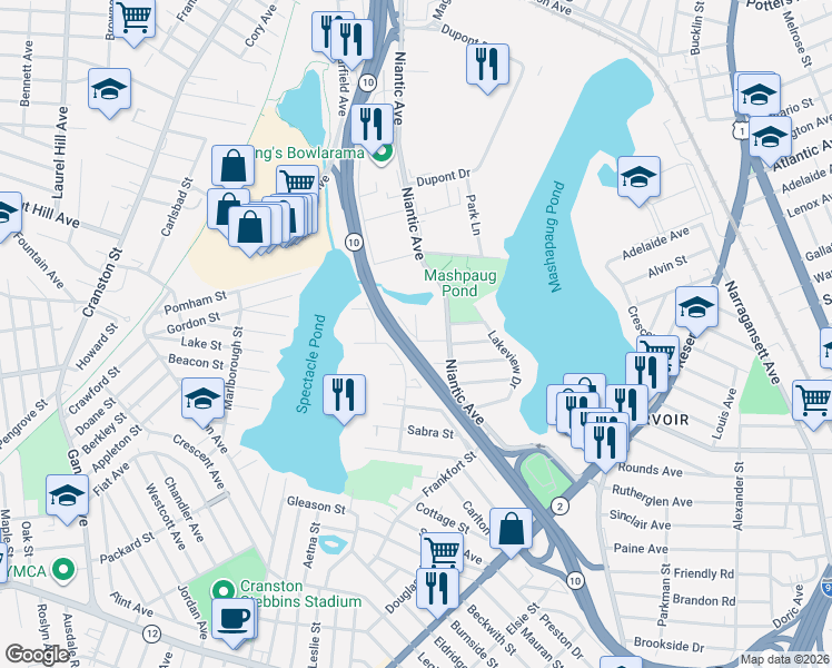 map of restaurants, bars, coffee shops, grocery stores, and more near 4 Russe Street in Cranston