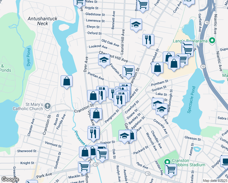 map of restaurants, bars, coffee shops, grocery stores, and more near 63 Cleveland Avenue in Cranston