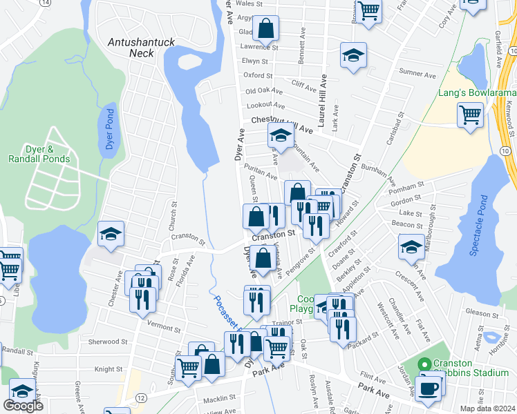 map of restaurants, bars, coffee shops, grocery stores, and more near 96 Governor Street in Cranston