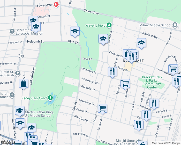 map of restaurants, bars, coffee shops, grocery stores, and more near 26 Winchester Street in Hartford
