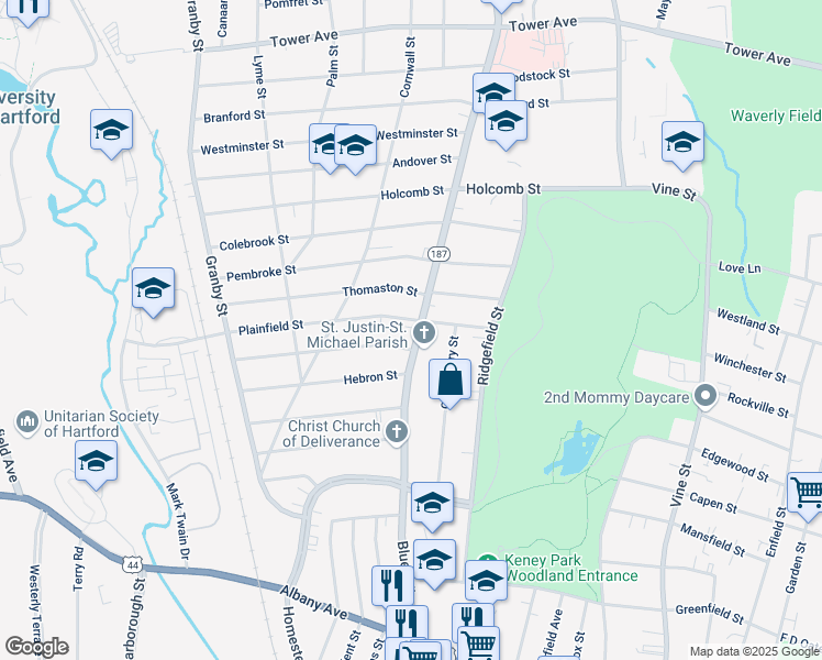map of restaurants, bars, coffee shops, grocery stores, and more near 250 Blue Hills Avenue in Hartford