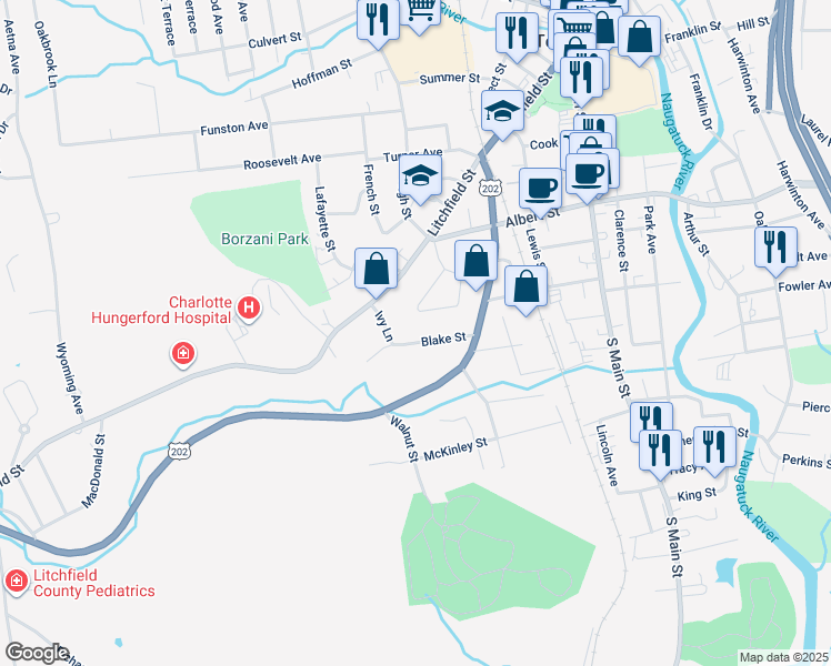 map of restaurants, bars, coffee shops, grocery stores, and more near 105 Blake Street in Torrington