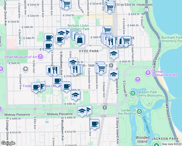 map of restaurants, bars, coffee shops, grocery stores, and more near 1413 East 57th Street in Chicago