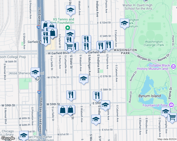 map of restaurants, bars, coffee shops, grocery stores, and more near 5646 South Michigan Avenue in Chicago