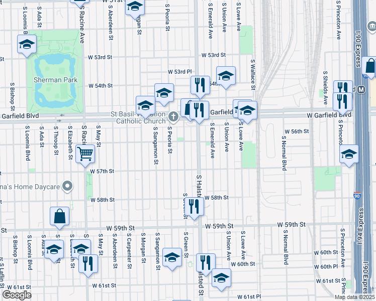 map of restaurants, bars, coffee shops, grocery stores, and more near 5632 South Green Street in Chicago