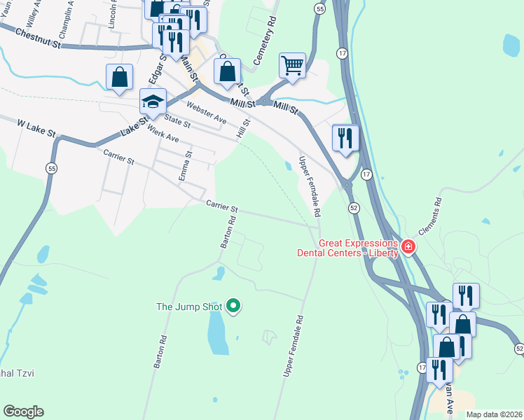 map of restaurants, bars, coffee shops, grocery stores, and more near 163 Carrier Street in Liberty