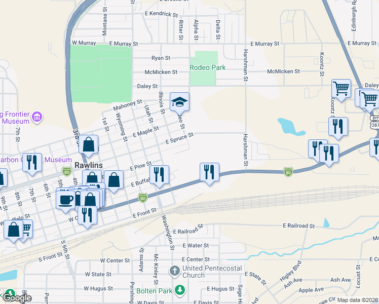 map of restaurants, bars, coffee shops, grocery stores, and more near 502 East Spruce Street in Rawlins