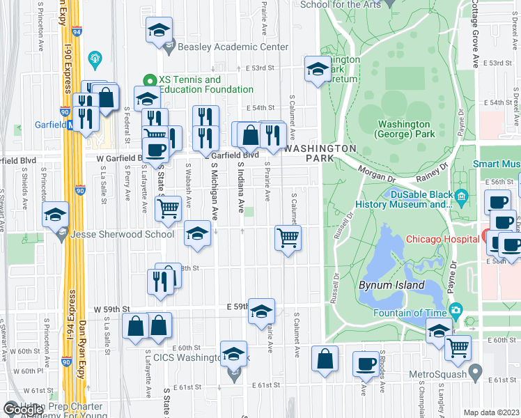 map of restaurants, bars, coffee shops, grocery stores, and more near 5634 South Prairie Avenue in Chicago