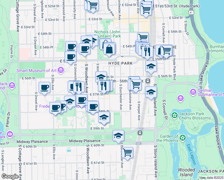 map of restaurants, bars, coffee shops, grocery stores, and more near 5641 South Kenwood Avenue in Chicago