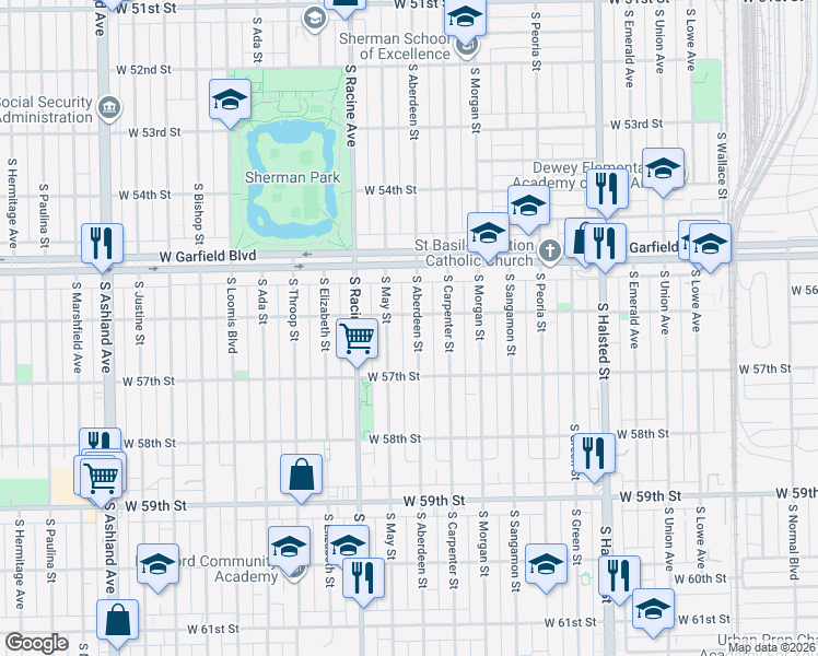 map of restaurants, bars, coffee shops, grocery stores, and more near 5628 South Aberdeen Street in Chicago