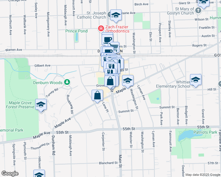 map of restaurants, bars, coffee shops, grocery stores, and more near in Downers Grove