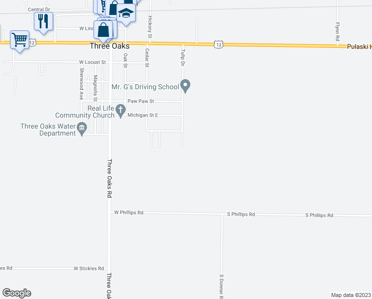 map of restaurants, bars, coffee shops, grocery stores, and more near 707 Tulip Drive in Three Oaks