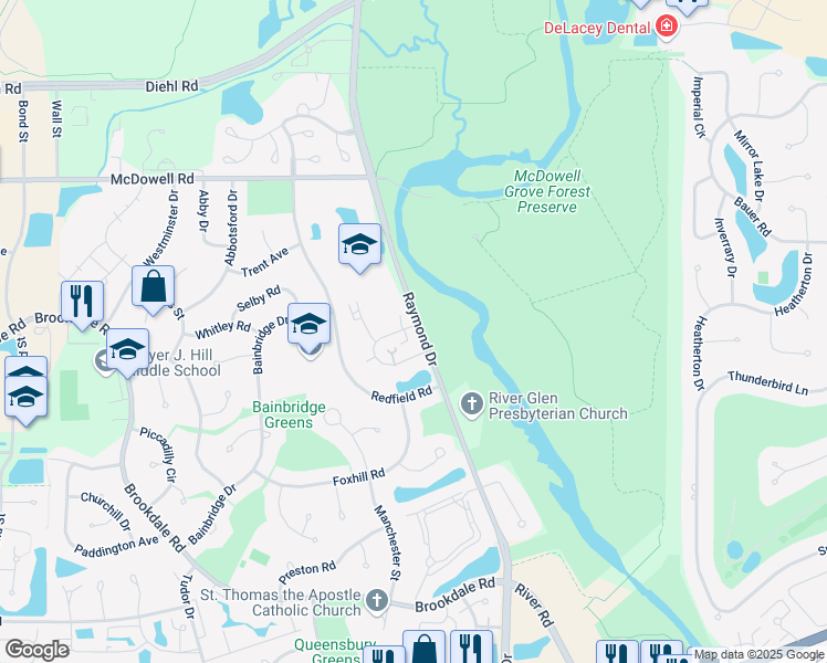 map of restaurants, bars, coffee shops, grocery stores, and more near 1309 Queensgreen Circle in Naperville