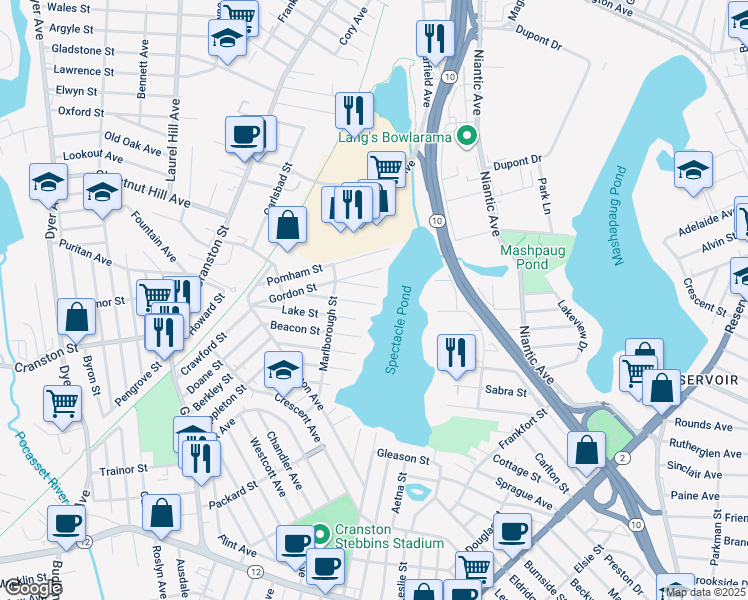 map of restaurants, bars, coffee shops, grocery stores, and more near 95 Barrett Street in Cranston