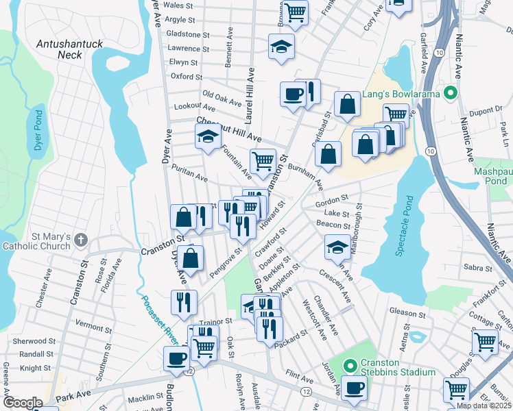 map of restaurants, bars, coffee shops, grocery stores, and more near 12 Pendleton Street in Cranston