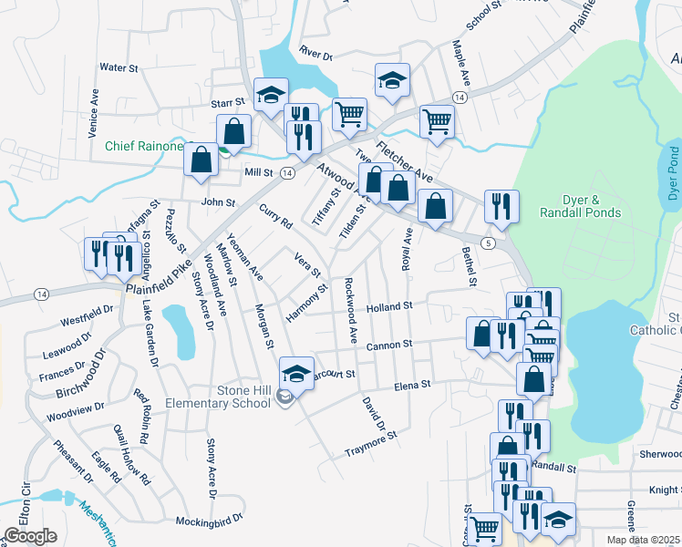 map of restaurants, bars, coffee shops, grocery stores, and more near 109 Rockwood Avenue in Cranston
