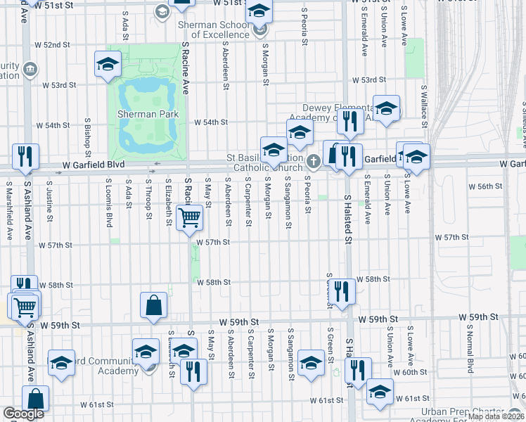 map of restaurants, bars, coffee shops, grocery stores, and more near 5631 South Carpenter Street in Chicago