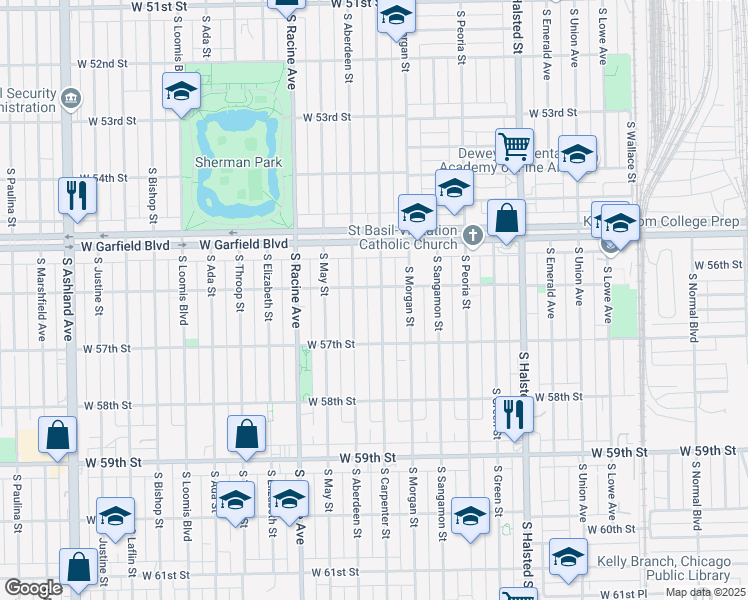 map of restaurants, bars, coffee shops, grocery stores, and more near 5631 South Carpenter Street in Chicago
