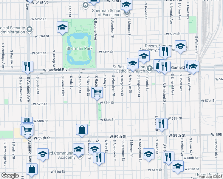 map of restaurants, bars, coffee shops, grocery stores, and more near 5628 South Aberdeen Street in Chicago