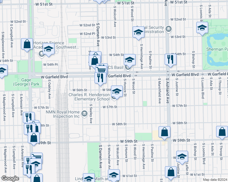 map of restaurants, bars, coffee shops, grocery stores, and more near 5618 South Wolcott Avenue in Chicago