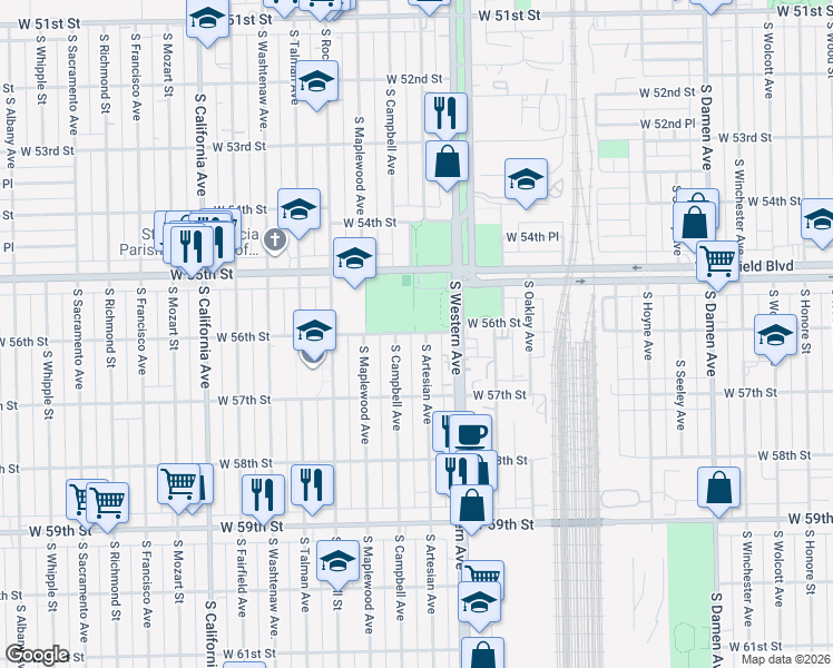 map of restaurants, bars, coffee shops, grocery stores, and more near 5628 South Artesian Avenue in Chicago