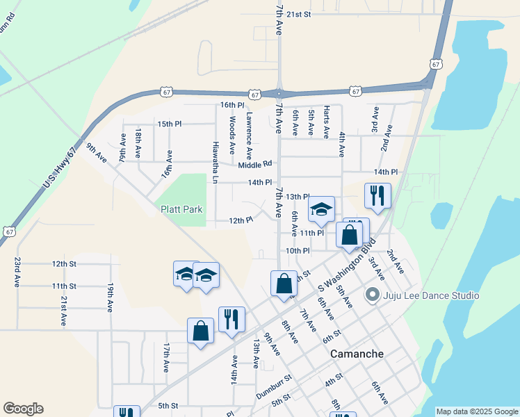 map of restaurants, bars, coffee shops, grocery stores, and more near 12th Place in Camanche