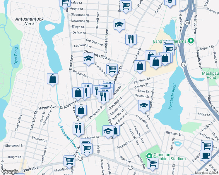 map of restaurants, bars, coffee shops, grocery stores, and more near 1243 Cranston Street in Cranston