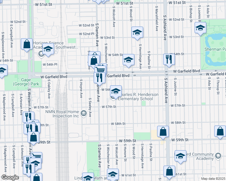 map of restaurants, bars, coffee shops, grocery stores, and more near 5600 South Wolcott Avenue in Chicago