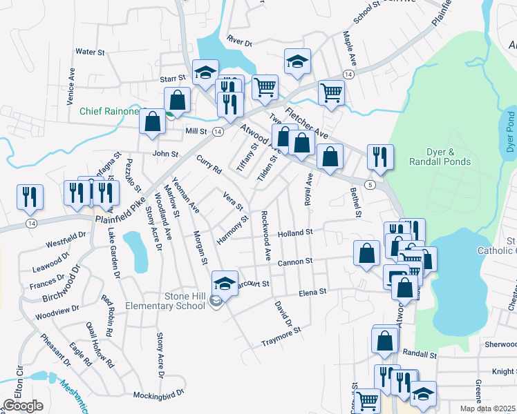 map of restaurants, bars, coffee shops, grocery stores, and more near 109 Rockwood Avenue in Cranston