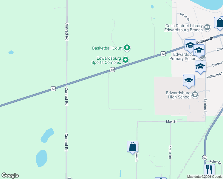 map of restaurants, bars, coffee shops, grocery stores, and more near 69275 Sundance Drive in Edwardsburg