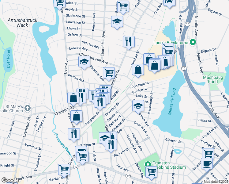 map of restaurants, bars, coffee shops, grocery stores, and more near 10 Howard Street in Cranston