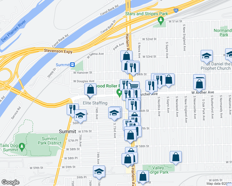 map of restaurants, bars, coffee shops, grocery stores, and more near 7244 West Archer Avenue in Summit