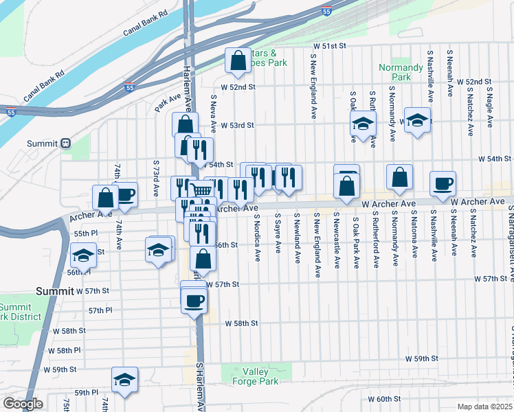map of restaurants, bars, coffee shops, grocery stores, and more near W Archer Ave & S Nordica Ave in Chicago