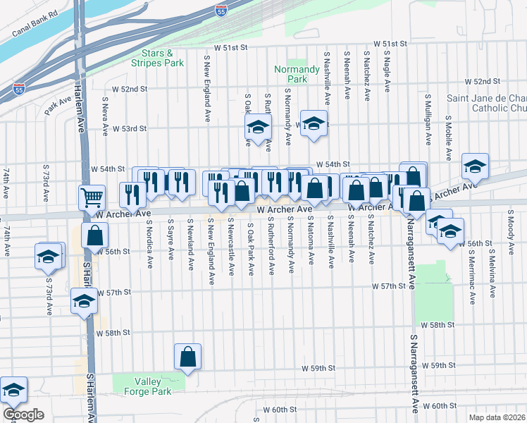 map of restaurants, bars, coffee shops, grocery stores, and more near 5518 South Rutherford Avenue in Chicago