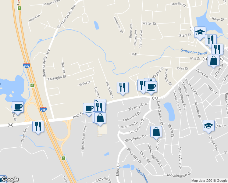 map of restaurants, bars, coffee shops, grocery stores, and more near 15 Nardolillo Street in Johnston