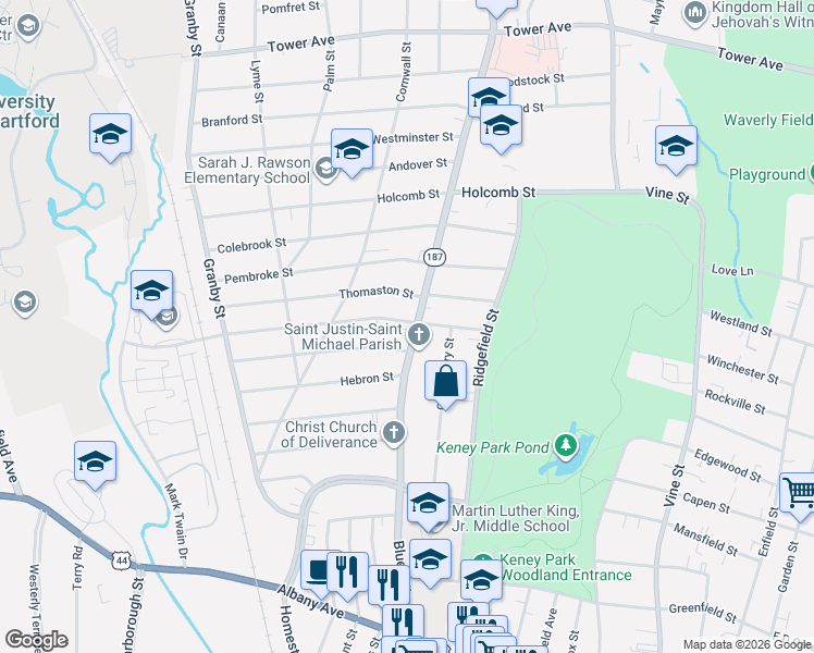 map of restaurants, bars, coffee shops, grocery stores, and more near 250 Blue Hills Avenue in Hartford