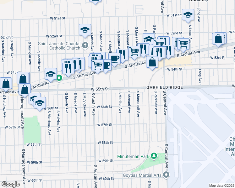 map of restaurants, bars, coffee shops, grocery stores, and more near 5537 South Monitor Avenue in Chicago