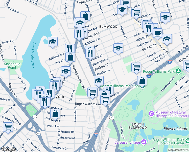 map of restaurants, bars, coffee shops, grocery stores, and more near Elmwood Avenue in Providence