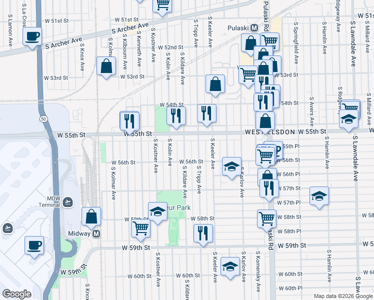 map of restaurants, bars, coffee shops, grocery stores, and more near 5554 South Kildare Avenue in Chicago