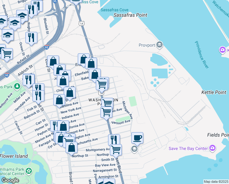 map of restaurants, bars, coffee shops, grocery stores, and more near 57 Carolina Avenue in Providence