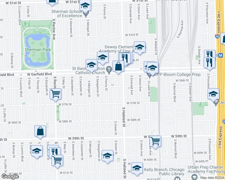 map of restaurants, bars, coffee shops, grocery stores, and more near 5608 South Green Street in Chicago