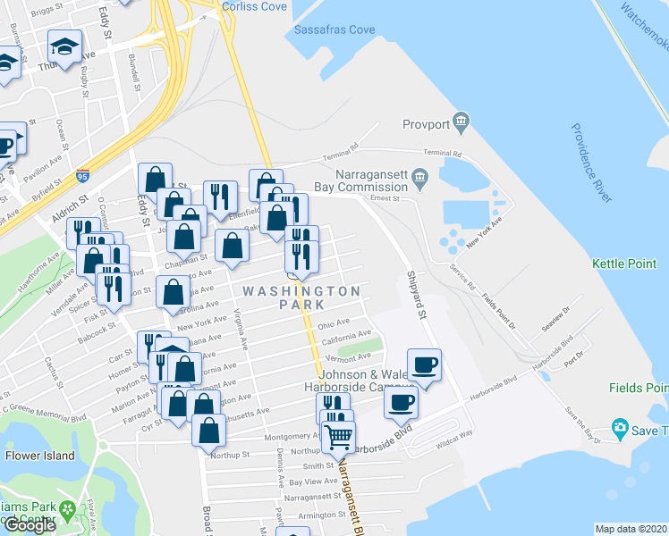 map of restaurants, bars, coffee shops, grocery stores, and more near 199 New York Avenue in Providence