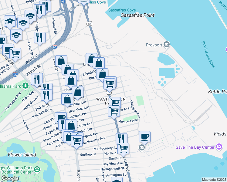 map of restaurants, bars, coffee shops, grocery stores, and more near 845 Allens Avenue in Providence