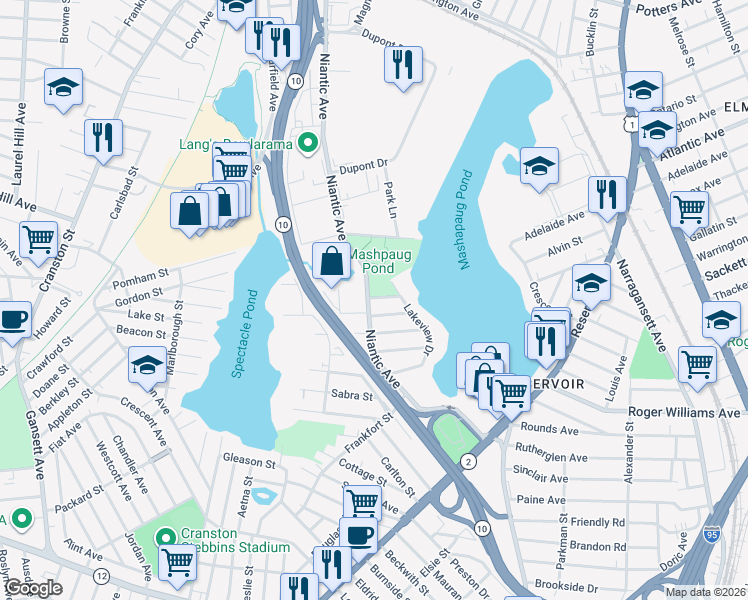map of restaurants, bars, coffee shops, grocery stores, and more near 487 Niantic Avenue in Cranston
