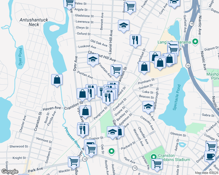 map of restaurants, bars, coffee shops, grocery stores, and more near 12 Pendleton Street in Cranston